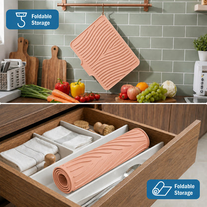 Silicone Dish Drying Mat for Kitchen Counter or Sink, Non-Slip Dish Drainer Mat with Built-in Drain, Heat Resistant Drying Pad, Pink