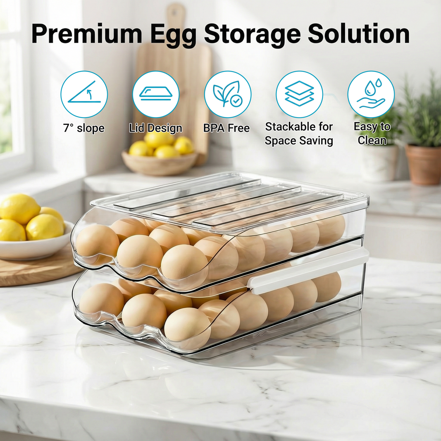 36-Count 2-Tier Rolling Egg Holder, Clear Plastic Stackable Egg Container with Lid