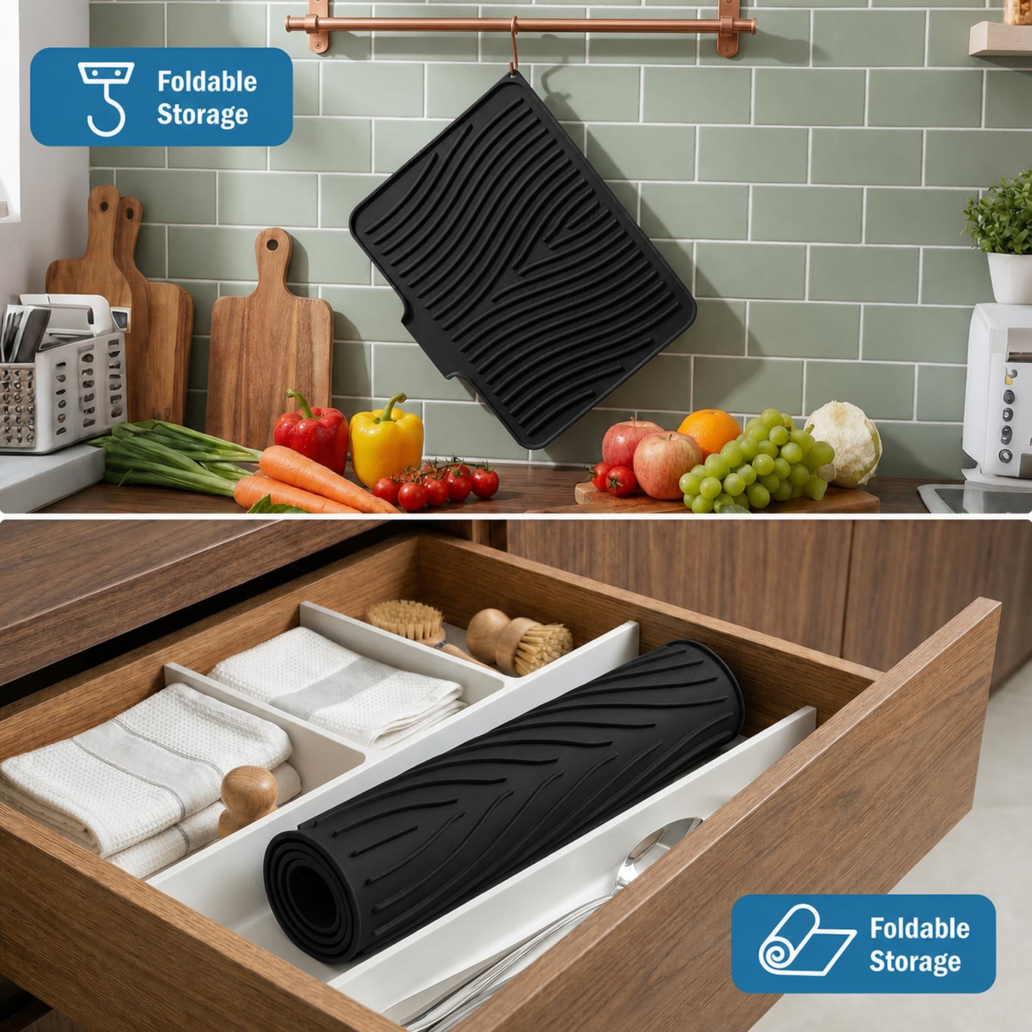 Silicone Dish Drying Mat for Kitchen Counter or Sink, Non-Slip Dish Drainer Mat with Built-in Drain, Heat Resistant Drying Pad, Black