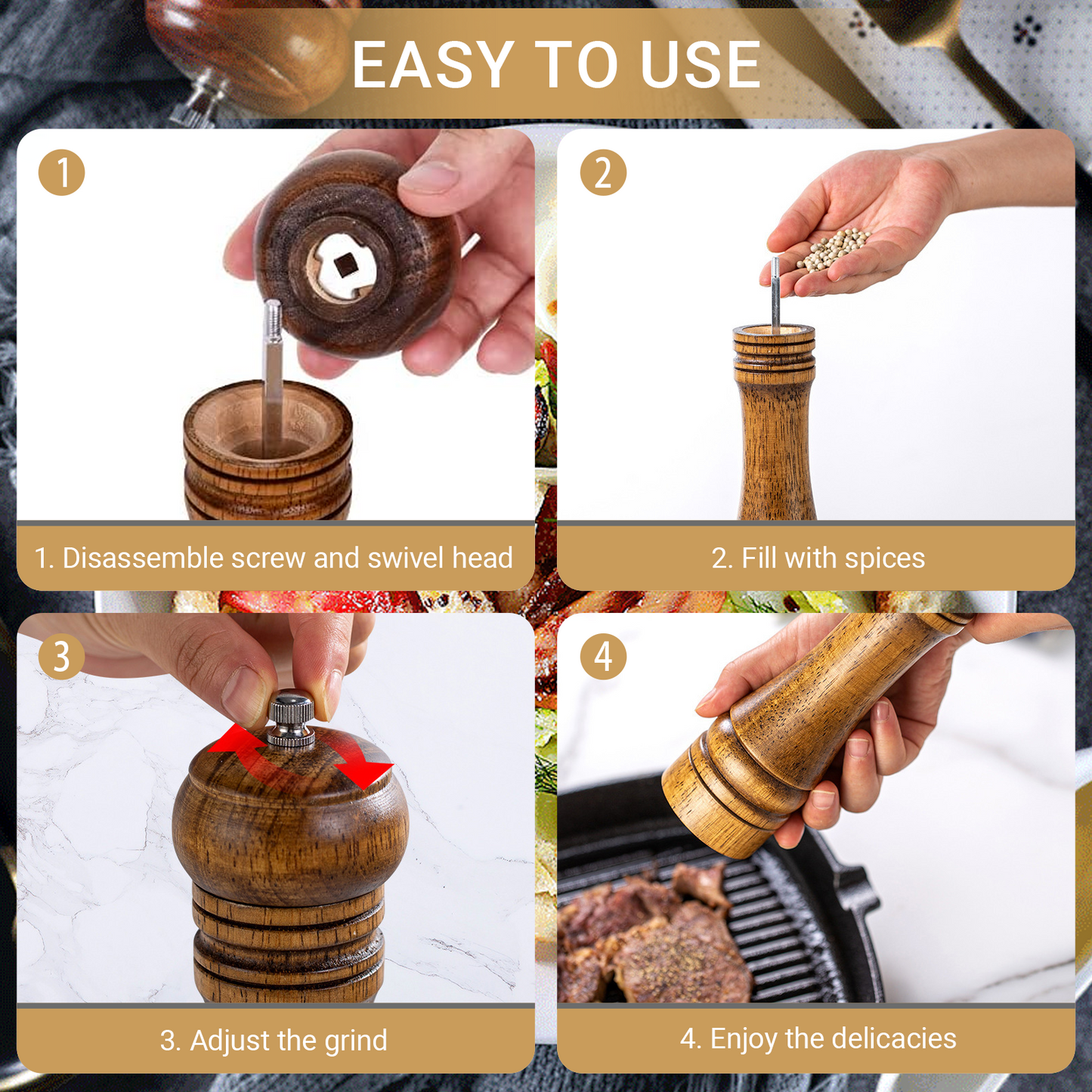 Wooden Salt and Pepper Grinder Set, Refillable Salt & Pepper Mill with Tray & Spoons, Adjustable Rubber Wood Salt & Pepper Shakers Holder with Ceramic Grinder