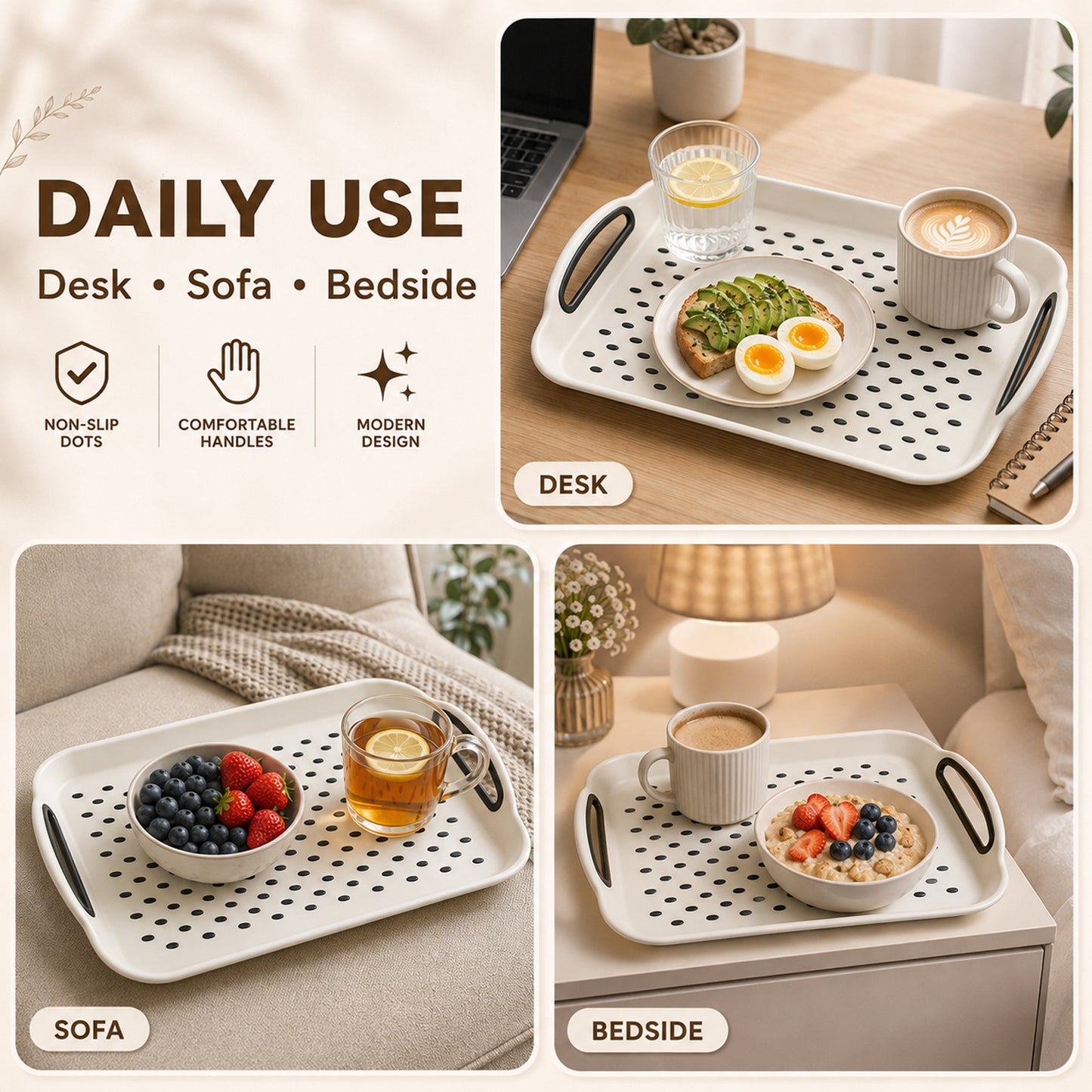 Non Slip Serving Tray with Handles, Rubber Gripped Lap Food Trays for Eating, Dishwasher Safe, Ideal for Breakfast, Snack, Fruit, Dessert, Beverage & Dinner (2 pack White)