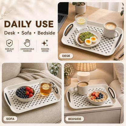 Non Slip Serving Tray with Handles, Rubber Gripped Lap Food Trays for Eating, Dishwasher Safe, Ideal for Breakfast, Snack, Fruit, Dessert, Beverage & Dinner (2 pack White)