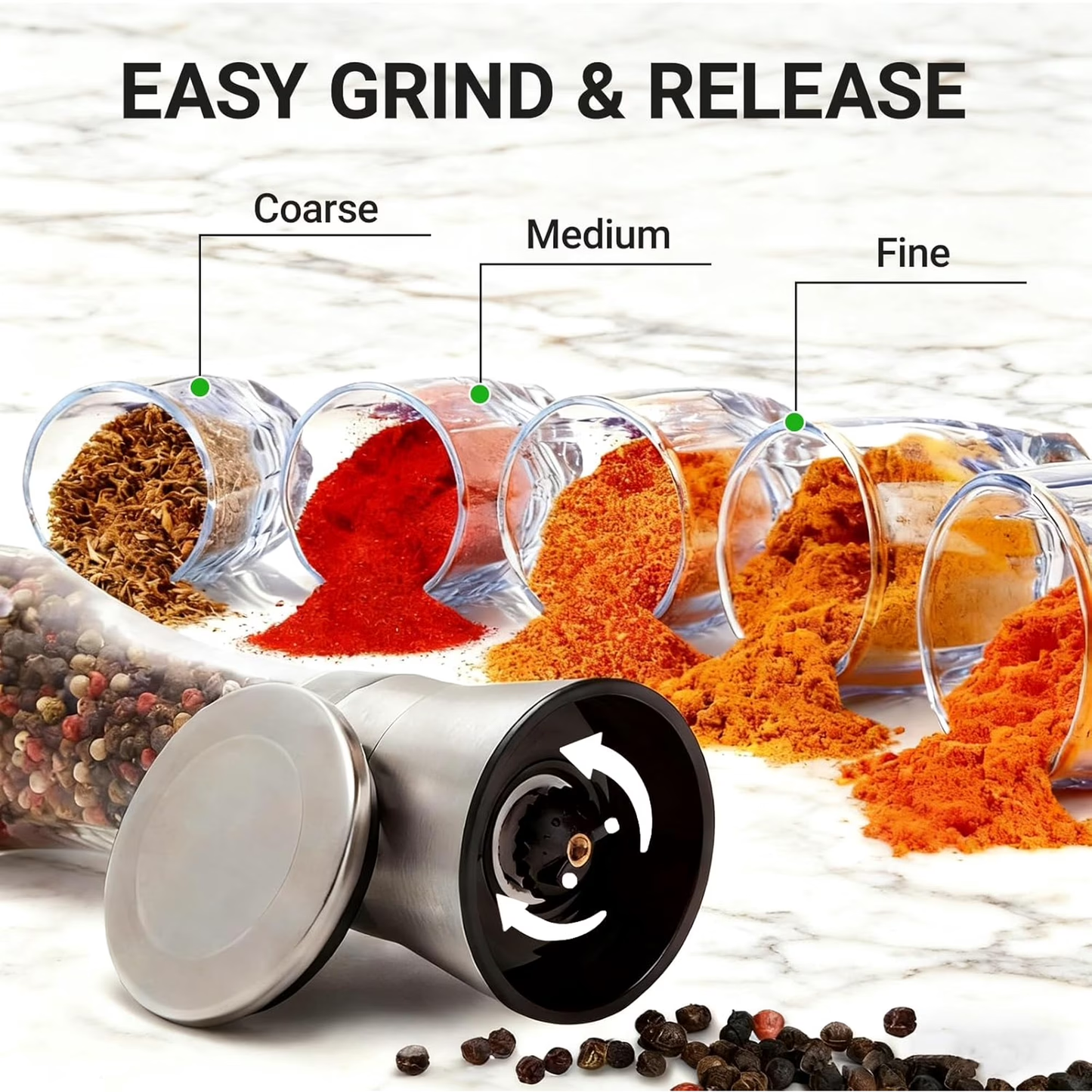 2-Pack Stainless Steel Pepper & Salt Grinder Set, Refillable Glass Body, Adjustable Coarseness Spice Mill