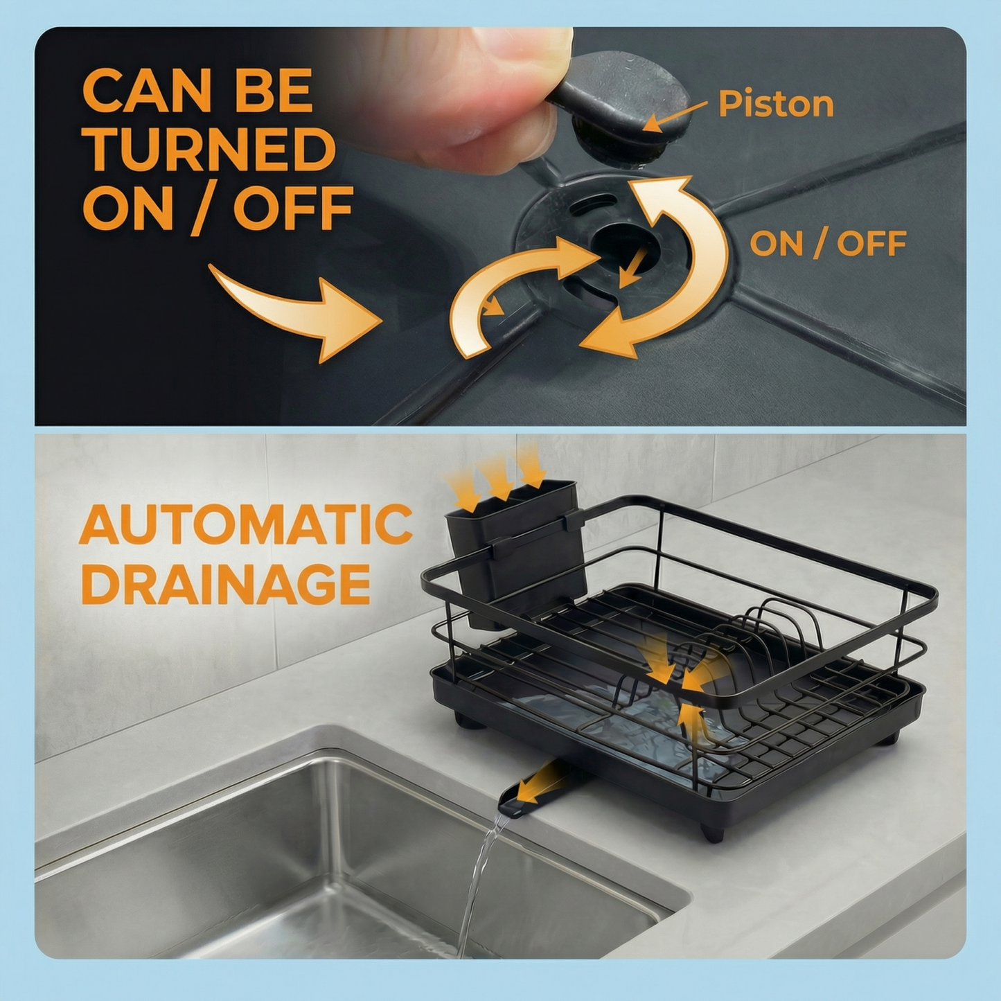 Metal Dish Drying Rack for Kitchen Counter (16.5" × 12") — Rust-Resistant Coated Steel with Removable Utensil Holder & Swivel Drainboard, Black