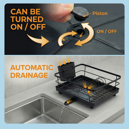 Metal Dish Drying Rack for Kitchen Counter (16.5" × 12") — Rust-Resistant Coated Steel with Removable Utensil Holder & Swivel Drainboard, Black