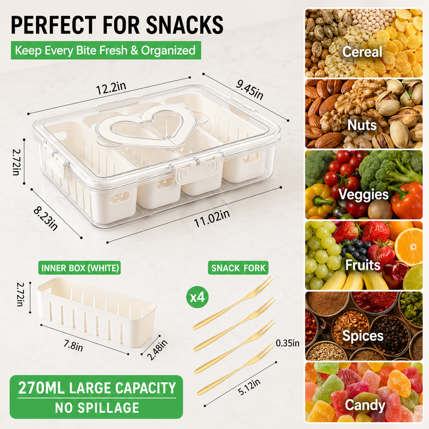 Snackle Box Container, Portable Snack Container with Lid and Handle, Reusable Stackable Snack Box, Divided Snack Containers with 4 Compartments for Travel Party Picnic,1 Pack, White