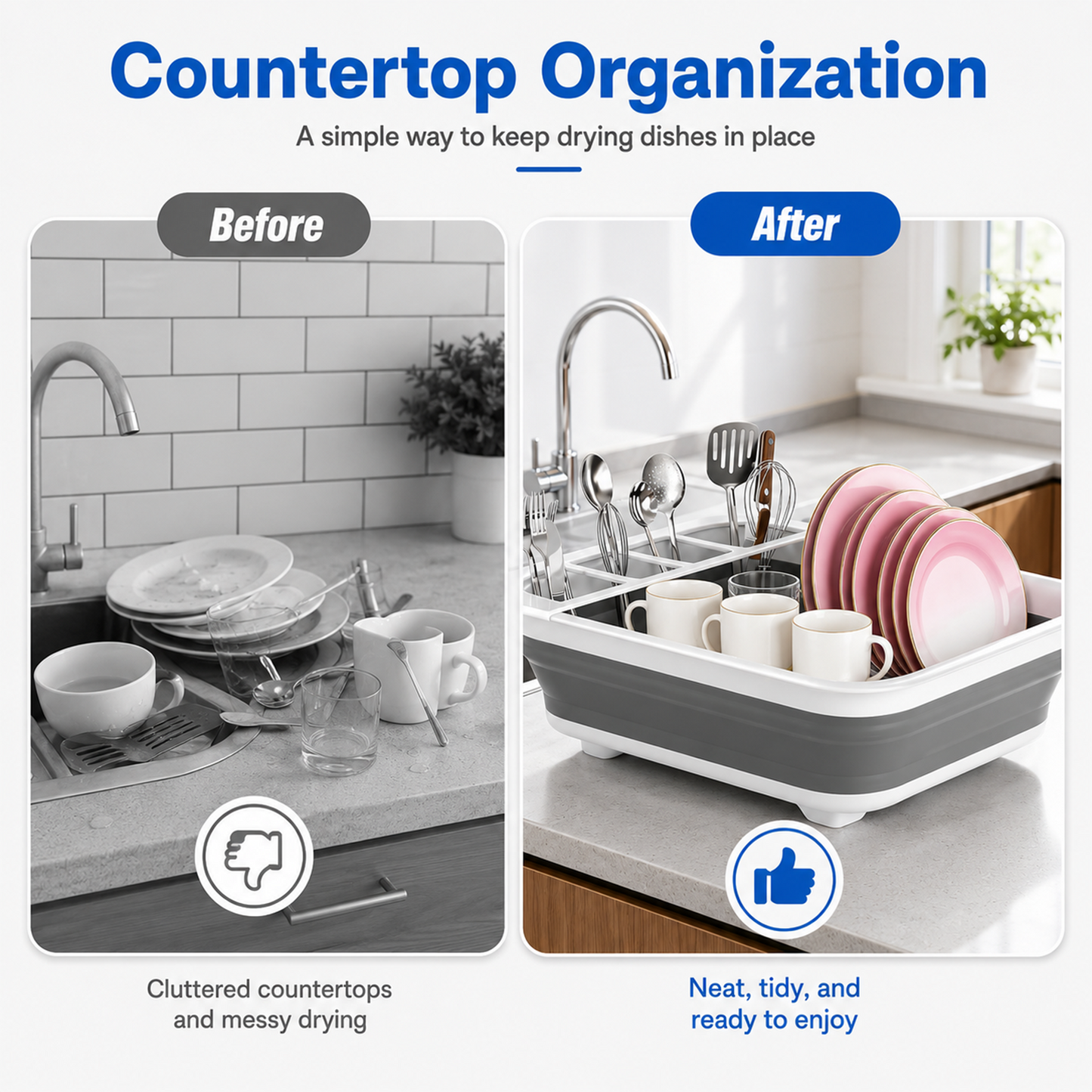 Collapsible Dish Drying Rack, Multifunctional Dish Rack with Removable Compartments, Foldable Small Dish Drainer for Kitchen Counter, RV & Camping Accessories, Escurridor de Platos para Fregadero