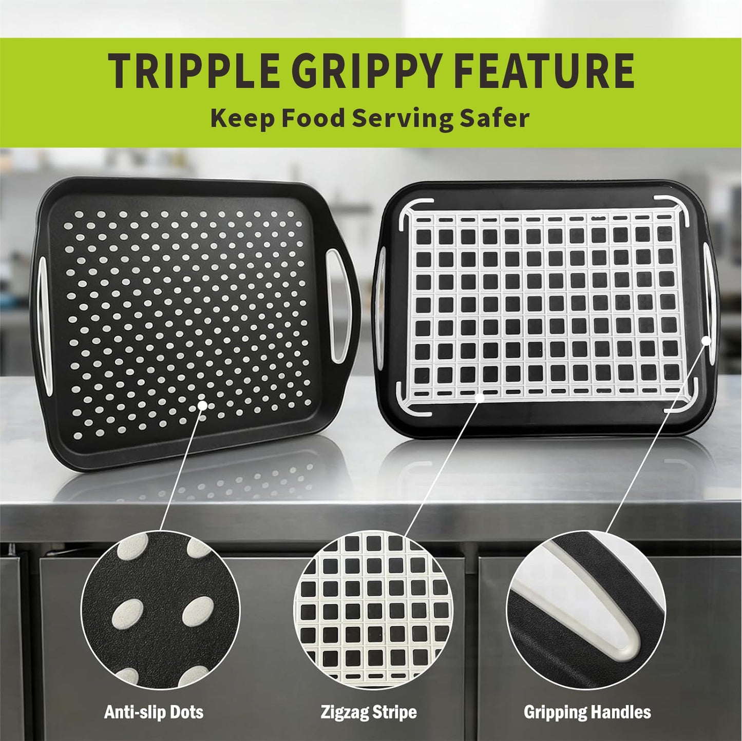 Non Slip Serving Tray with Handles, Rubber Gripped Lap Food Trays for Eating, Dishwasher Safe, Ideal for Breakfast, Snack, Fruit, Dessert, Beverage & Dinner (Large Black)