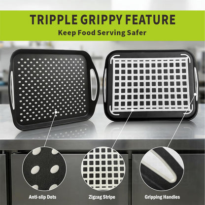 Non Slip Serving Tray with Handles, Rubber Gripped Lap Food Trays for Eating, Dishwasher Safe, Ideal for Breakfast, Snack, Fruit, Dessert, Beverage & Dinner (Large Black)