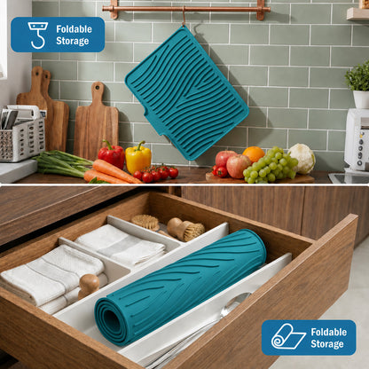 Silicone Dish Drying Mat for Kitchen Counter or Sink, Non-Slip Dish Drainer Mat with Built-in Drain, Heat Resistant Drying Pad, Peacock Blue