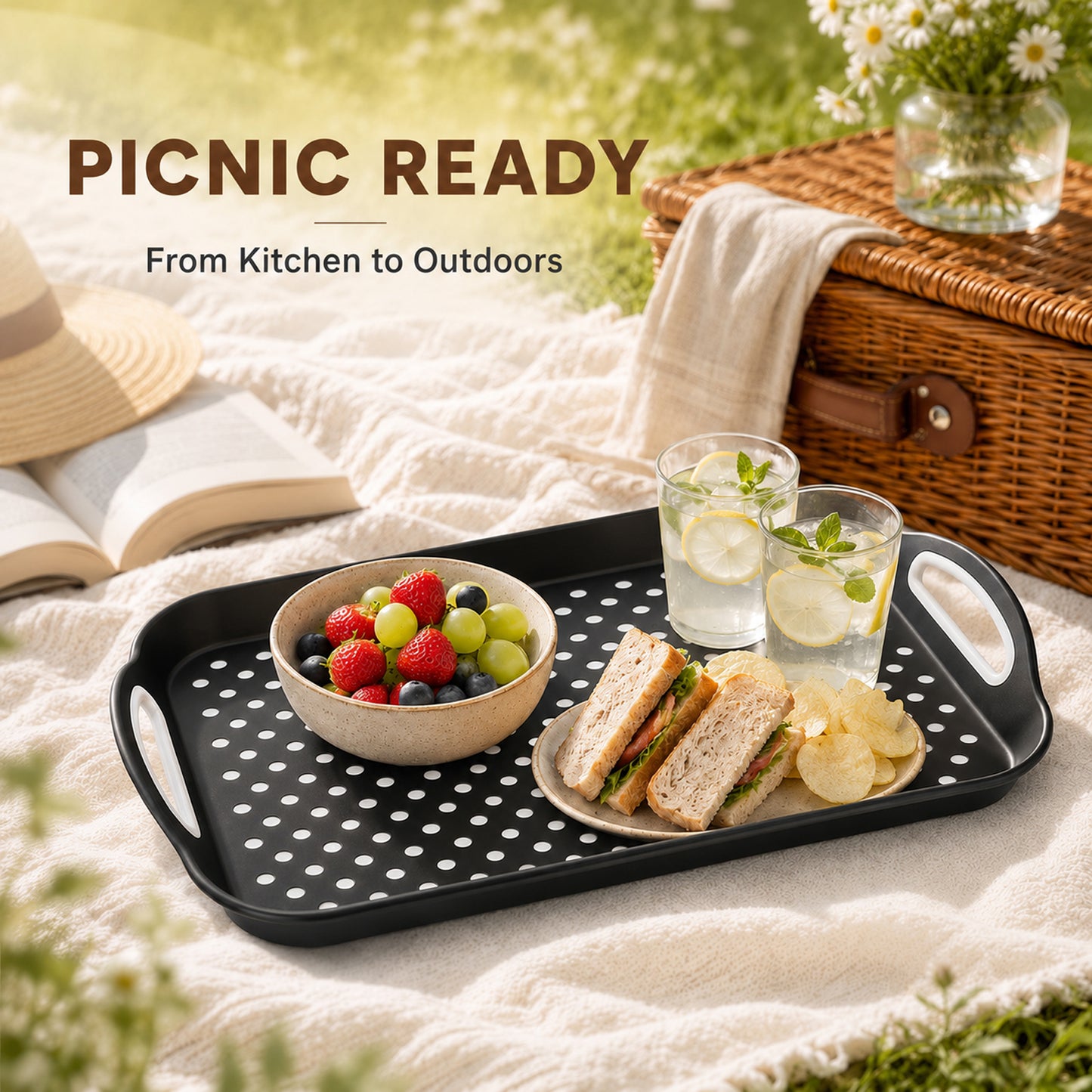 Non Slip Serving Tray with Handles, Rubber Gripped Lap Food Trays for Eating, Dishwasher Safe, Ideal for Breakfast, Snack, Fruit, Dessert, Beverage & Dinner (2 pack Black)