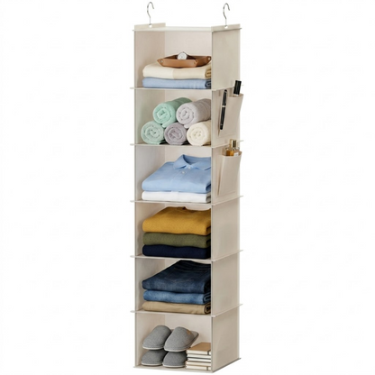 6-Shelf Hanging Closet Organizer in Beige — Fabric Storage with Bamboo Inserts & Side Pockets, 47" Vertical Storage for Clothes, Shoes & Accessories