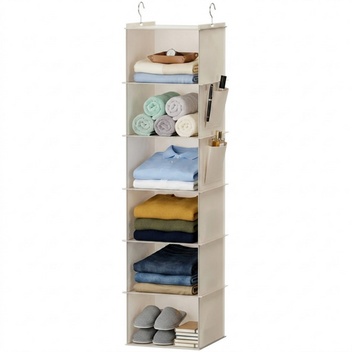 6-Shelf Hanging Closet Organizer in Beige — Fabric Storage with Bamboo Inserts & Side Pockets, 47" Vertical Storage for Clothes, Shoes & Accessories