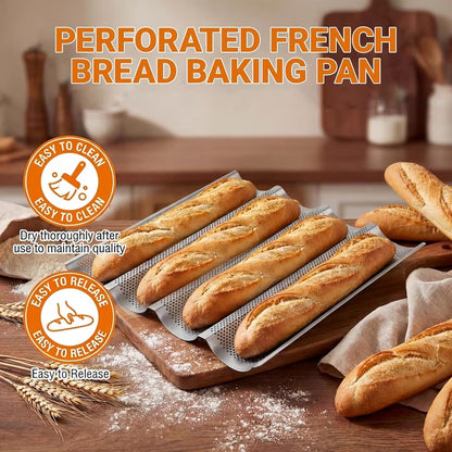 Baguette Baking Pan, 4 Loaves Perforated Nonstick French Bread Pan with Proofing Cloth, for Sourdough & Italian Bread, Crisp Crust Bakeware, 15" x 13", Silver