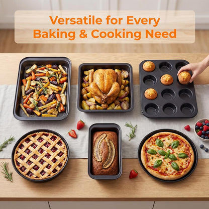 6 Piece Nonstick Bakeware Set, Carbon Steel Baking Pans Including Cookie Sheet, Cake Pan, Loaf Pan, Muffin Pan & Roasting Pan, Oven & Dishwasher Safe