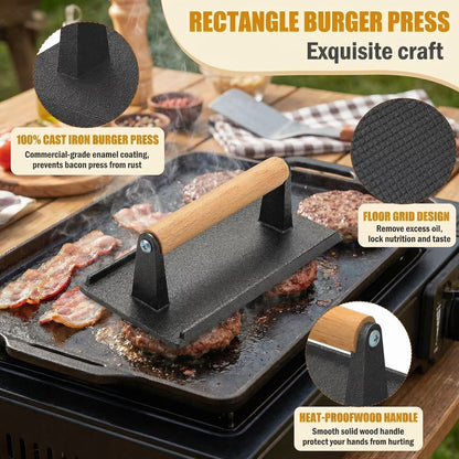 Cast Iron Smash Bacon Press Meat Steak with Wood Handle, Heavy Duty Round & Rectangular, Grill Press for Sandwich, Paninis, Burger Press, Send Goods from Local Warehouse