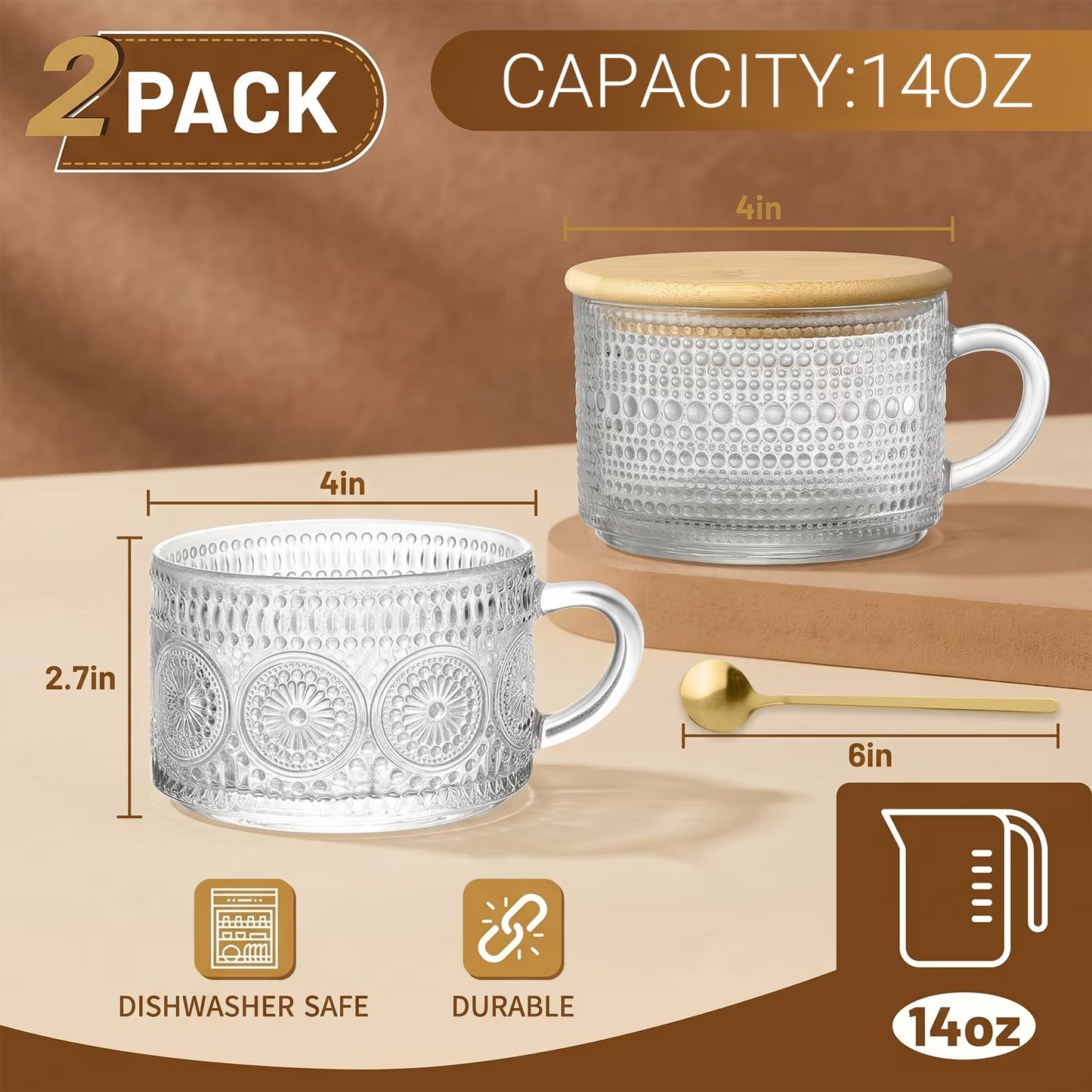 4 Packs Vintage Coffee Mugs, 14oz Embossed Glass Cups, Overnight Oats Containers with Lids, Vintage Mugs Set, Coffee Bar Accessories