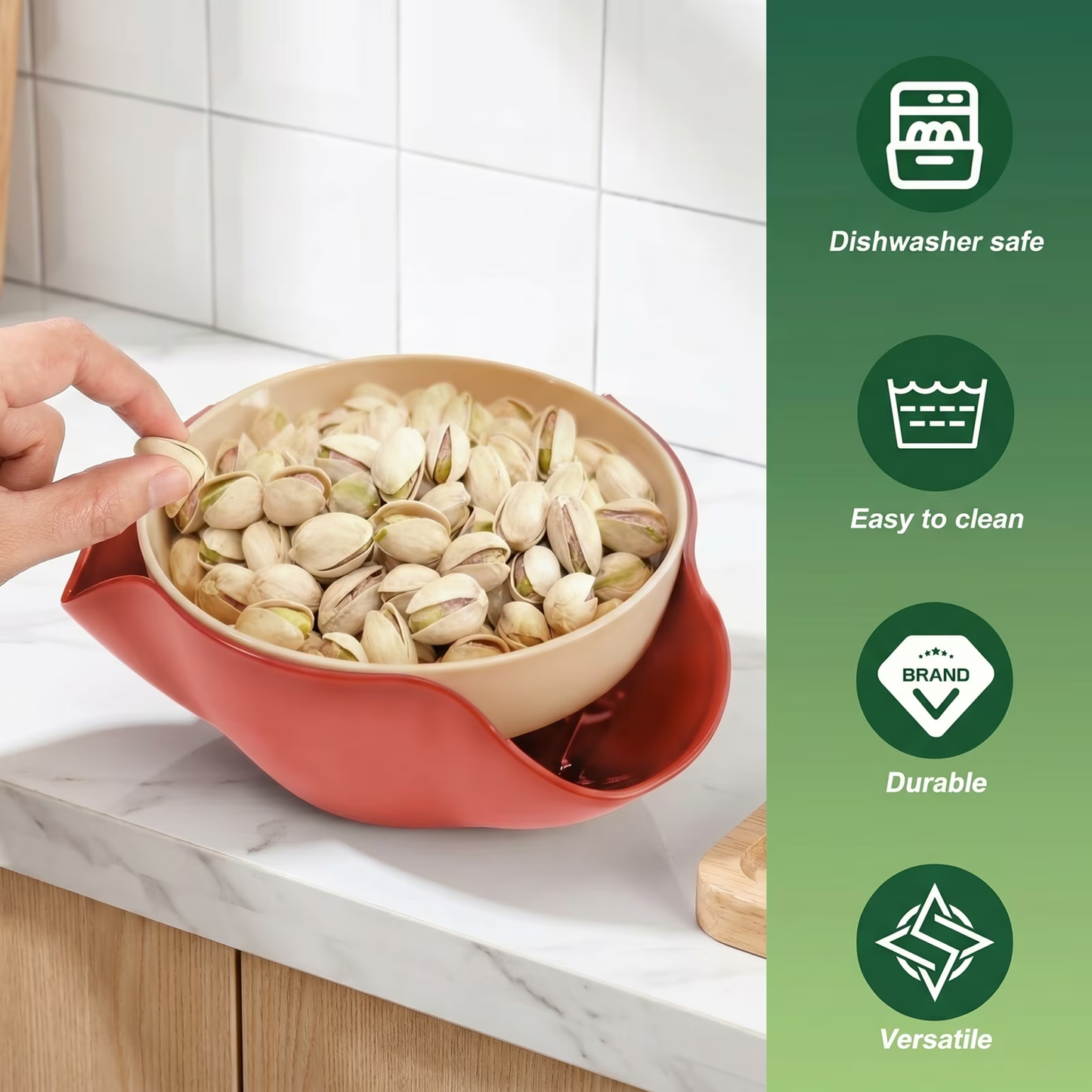 2-in-1 Nut Serving Bowl with Hidden Shell Catcher, 8.3" Pistachio Bowl Tray for Sunflower Seeds Edamame and Cherries, Built-in Waste Holder Design - Red