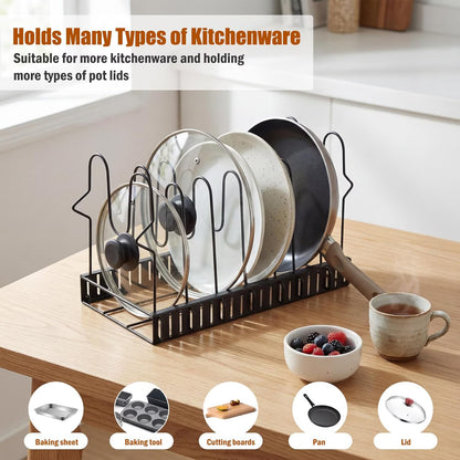 Expandable Pot Lid Organizer for Cabinet, 12"-23" Adjustable Pots & Pans Lid Rack with 8 Dividers, Under Cabinet Storage for Bakeware, Cutting Boards & Lids, Black