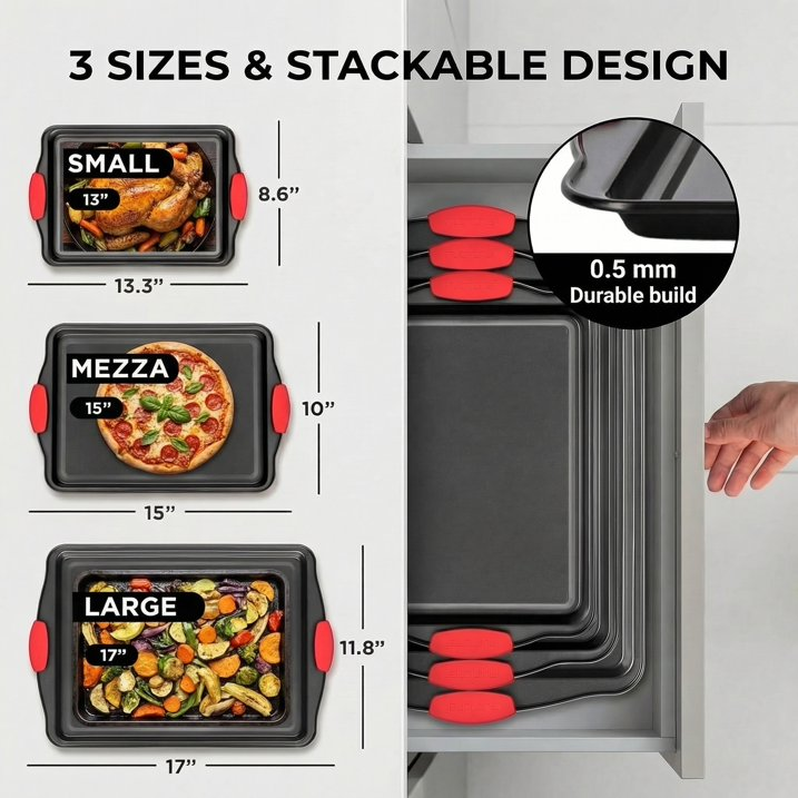 Baking Sheet Set 3 Piece, Nonstick Cookie Sheets with Silicone Handles, Professional Kitchen Bakeware Ideal for Baking, Roasting, Meal Prep and Family Sheet Pan Dinners