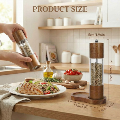 2 Piece Wood Salt Pepper Grinder Set 8 Inch Manual Refillable, Adjustable Ceramic Grinding Core with Serving Tray for Kitchen