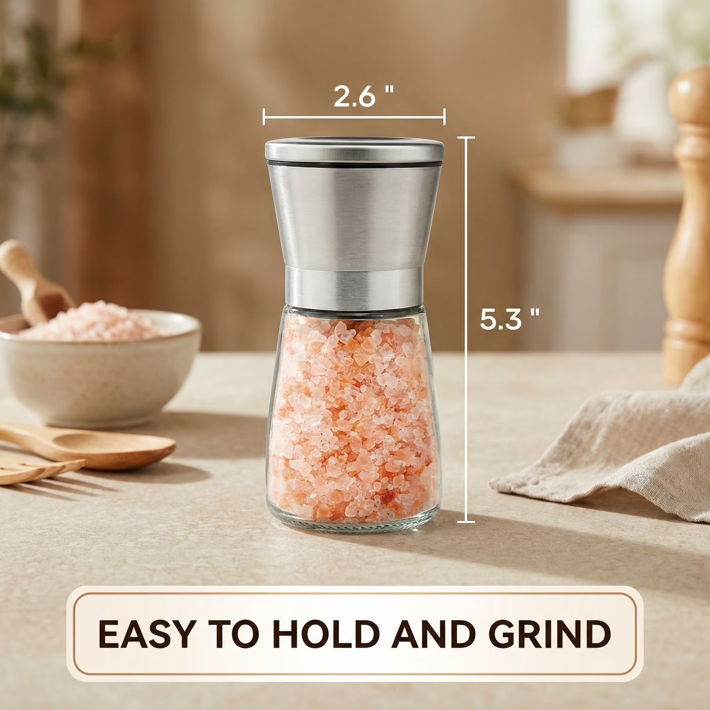 Salt and Pepper Mill Set 2PCS, Stainless Steel Top, Ceramic Grinder, Clear Glass, Easy Refill with Funnel