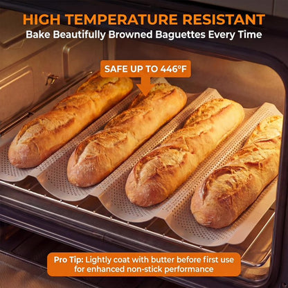 2 Pack Baguette Baking Pan, 4 Loaf Perforated Nonstick French Bread Pan with Proofing Cloth, for Sourdough & Italian Bread, Crisp Crust Bakeware, 15" x 13"