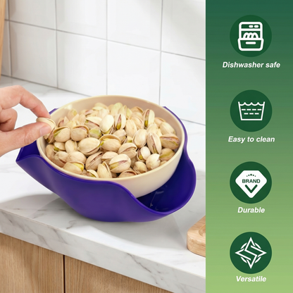Dual-Level Snack Serving Bowl with Discard Tray, 8.3 Inch Nut Bowl for Pistachios Olives and Candies, Top Holder and Bottom Base - Purple