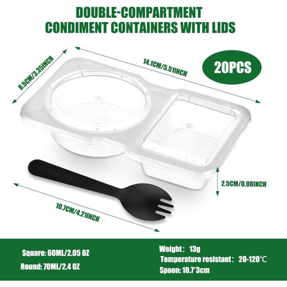 20 Pack Reusable Snack Containers with Lids, 2-Compartment Clear Portion Cups for Salad Dressing, Sauce & Snacks, Leakproof Plastic Food Containers for Meal Prep & On-the-Go