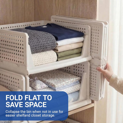 5 Packs Stackable Closet Organizer Bins, Foldable Plastic Storage Baskets, Waterproof Storage Containers for Drawer, Wardrobe, Bathroom, Living Room & Office, Space Saving Design