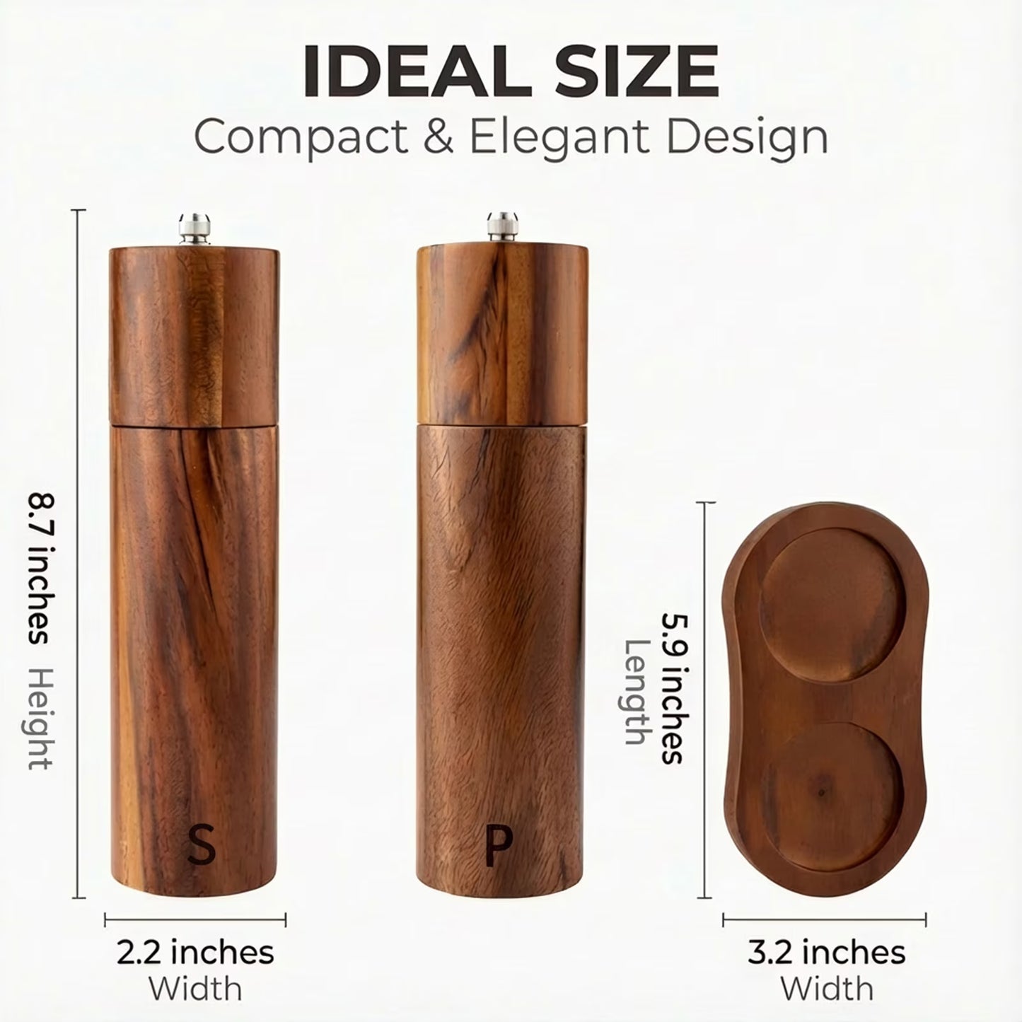 Wooden Salt and Pepper Grinder Set, Refillable Salt & Pepper Mill with Tray & Spoons, Adjustable Rubber Wood Salt & Pepper Shakers Holder with Ceramic Grinder