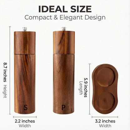 Wooden Salt and Pepper Grinder Set, Refillable Salt & Pepper Mill with Tray & Spoons, Adjustable Rubber Wood Salt & Pepper Shakers Holder with Ceramic Grinder