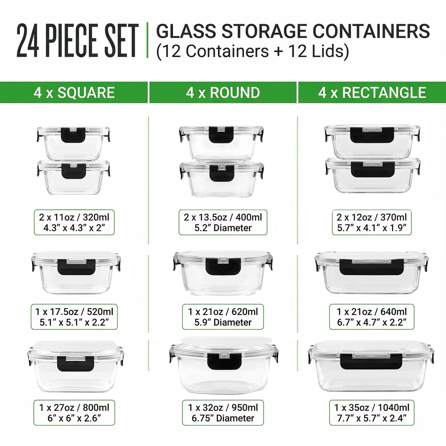 24-Piece Glass Meal Prep Containers, Meal Prep Containers Glass, Borosilicate 12 Containers + 12 Snap Lock Lids, Glass Food Storage Containers with Lids, Food Storage Containers with Lids for Lunch