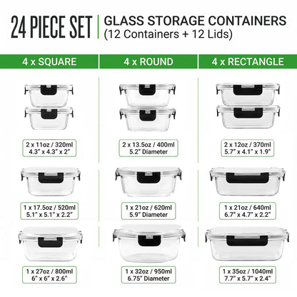 24-Piece Glass Meal Prep Containers, Meal Prep Containers Glass, Borosilicate 12 Containers + 12 Snap Lock Lids, Glass Food Storage Containers with Lids, Food Storage Containers with Lids for Lunch