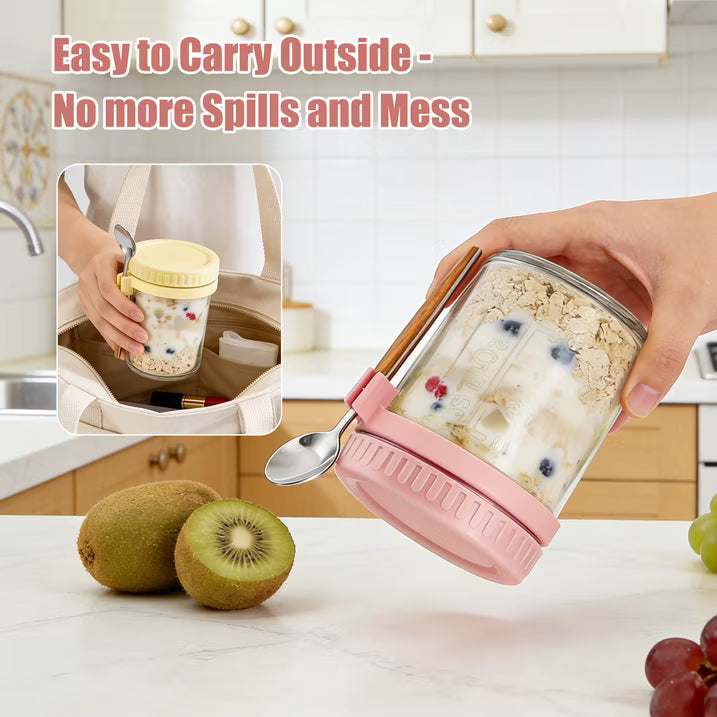 4 Pack 12oz Overnight Oats Containers with Lids and Spoons, Glass Oatmeal Containers, Mason Jars with Airtight Lids, Meal Prep Food Storage Container for Yogurt, Oatmeal