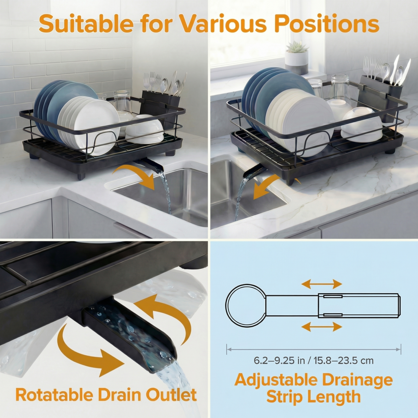 Metal Dish Drying Rack for Kitchen Counter (16.5" × 12") — Rust-Resistant Coated Steel with Removable Utensil Holder & Swivel Drainboard, Black