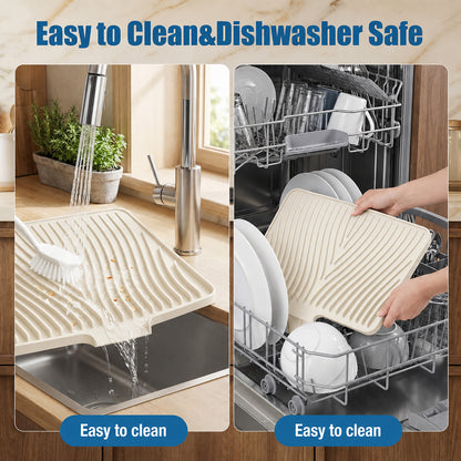 Silicone Dish Drying Mat for Kitchen Counter or Sink, Non-Slip Dish Drainer Mat with Built-in Drain, Heat Resistant Drying Pad, Off White