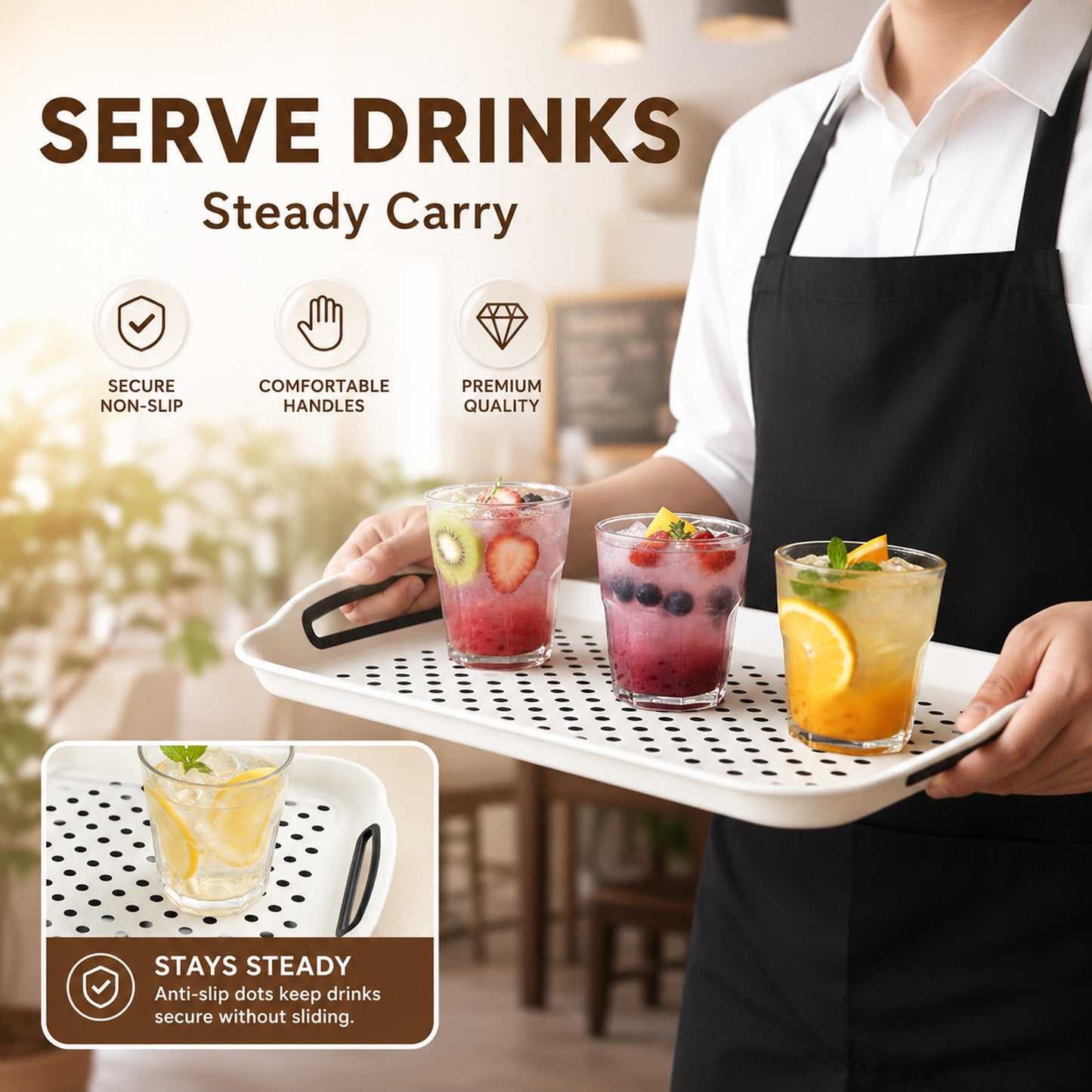Non Slip Serving Tray with Handles, Rubber Gripped Lap Food Trays for Eating, Dishwasher Safe, Ideal for Breakfast, Snack, Fruit, Dessert, Beverage & Dinner (2 pack White)