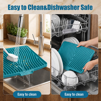 Silicone Dish Drying Mat for Kitchen Counter or Sink, Non-Slip Dish Drainer Mat with Built-in Drain, Heat Resistant Drying Pad, Peacock Blue