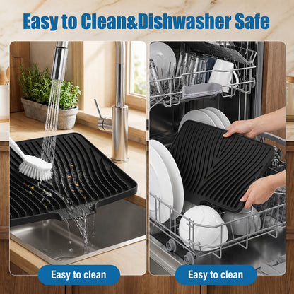 Silicone Dish Drying Mat for Kitchen Counter or Sink, Non-Slip Dish Drainer Mat with Built-in Drain, Heat Resistant Drying Pad, Black