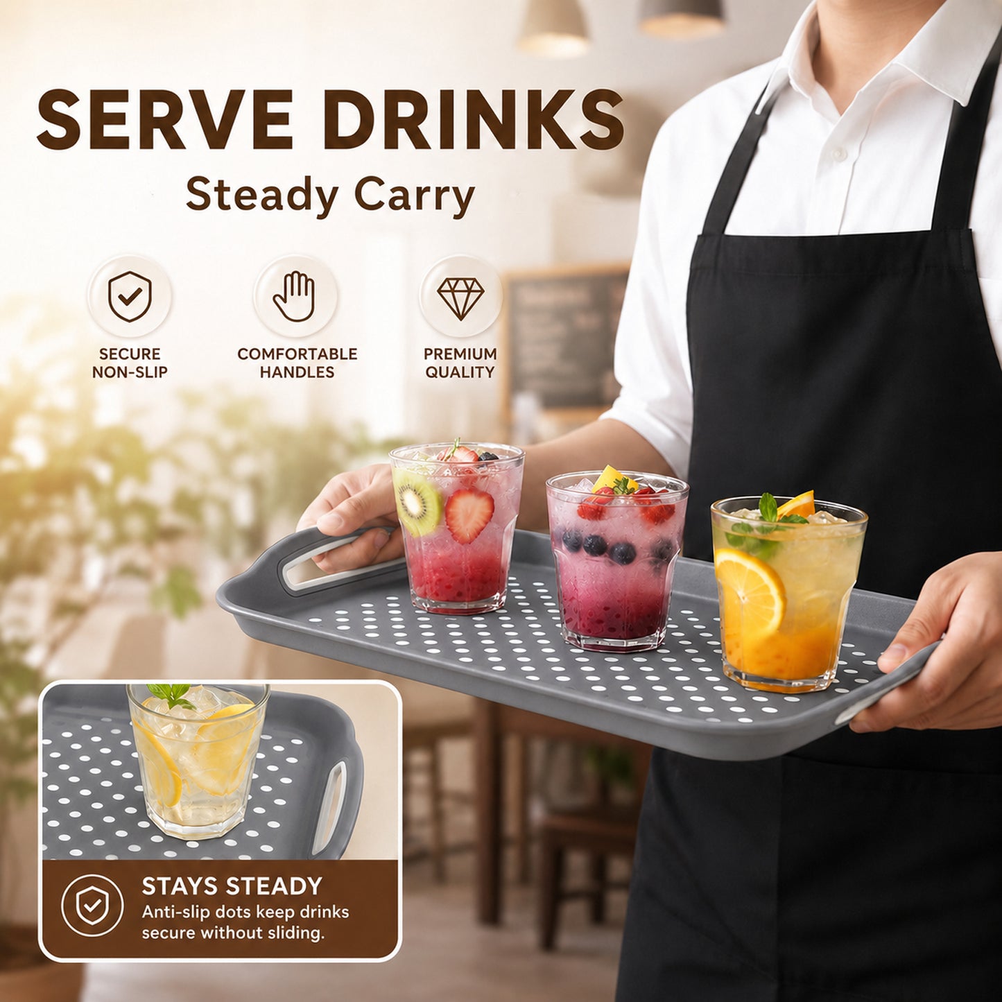 Non Slip Serving Tray with Handles, Rubber Gripped Lap Food Trays for Eating, Dishwasher Safe, Ideal for Breakfast, Snack, Fruit, Dessert, Beverage & Dinner (2 pack Grey)