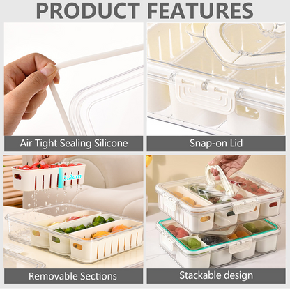 Snackle Box Container – 4 Compartment Divided Serving Tray with Lid & Handle, Portable White