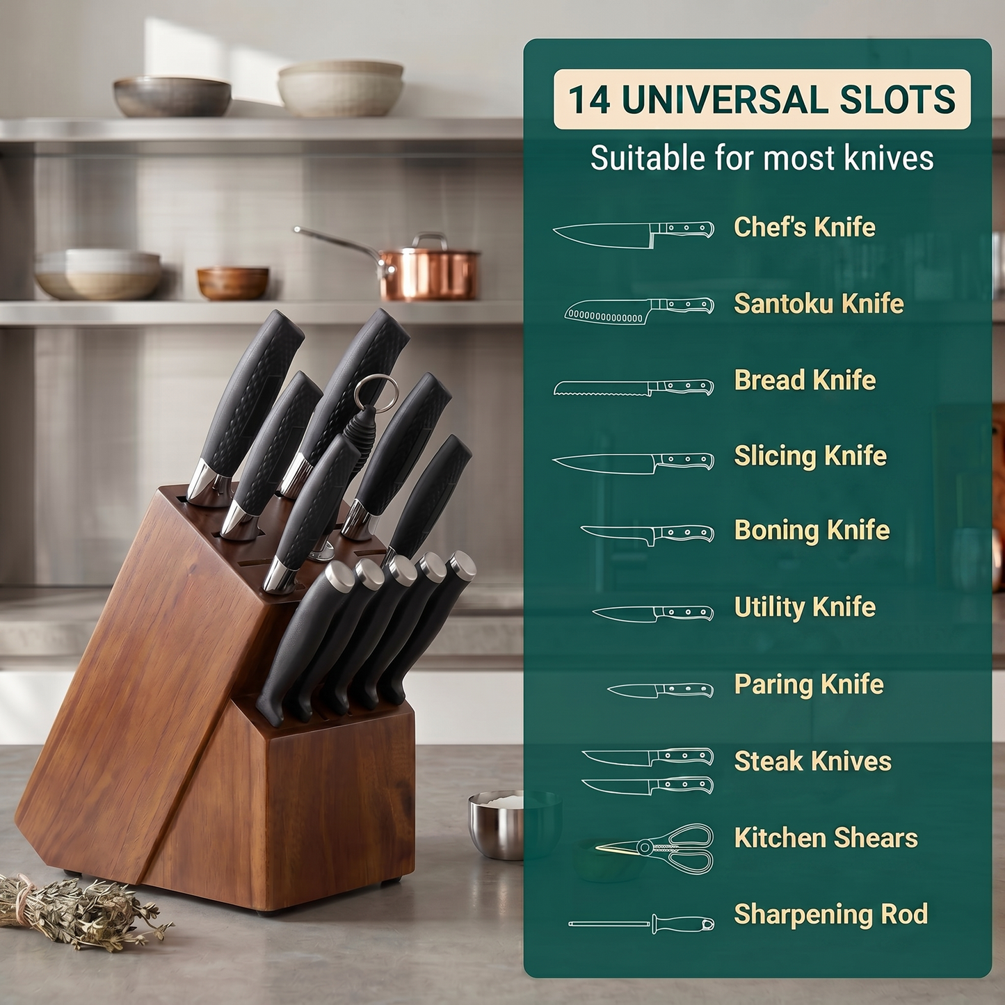 Universal Knife Block Without Knives - 14 Slots Large Bamboo Knife Holder, kitchen knife block for Knife Storage Organizer (Brown)