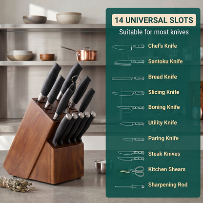 Universal Knife Block Without Knives - 14 Slots Large Bamboo Knife Holder, kitchen knife block for Knife Storage Organizer (Brown)