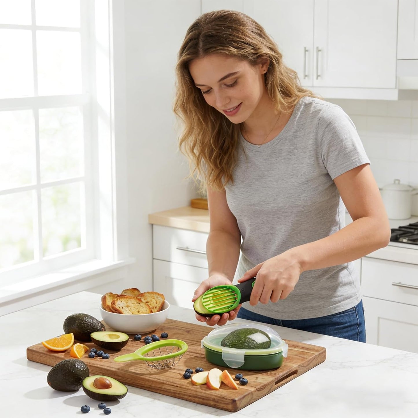 Avocado 3-Piece Kitchen Tool Set with Slicer Cutter & Airtight Storage Container, Dishwasher Safe