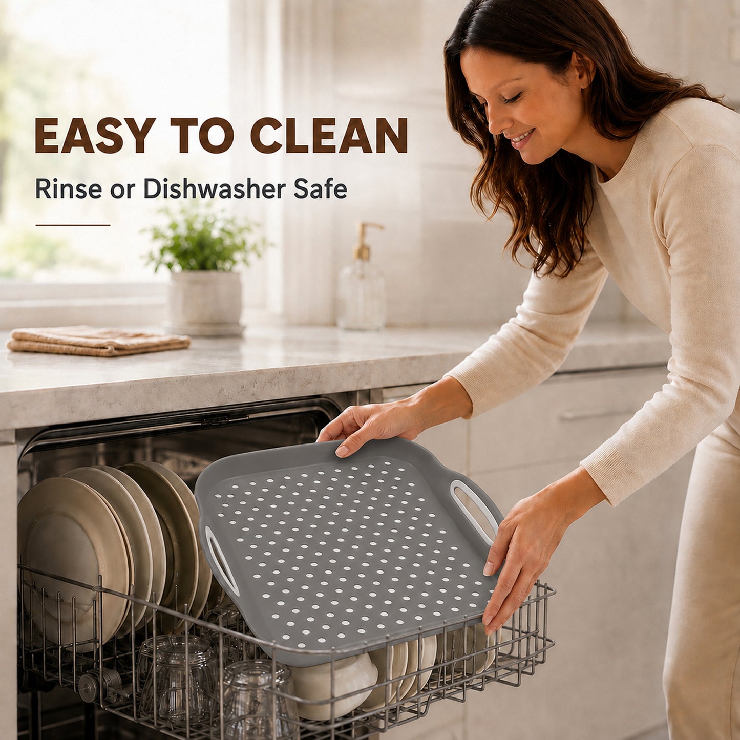 Non Slip Serving Tray with Handles, Rubber Gripped Lap Food Trays for Eating, Dishwasher Safe, Ideal for Breakfast, Snack, Fruit, Dessert, Beverage & Dinner (1 pack Grey)