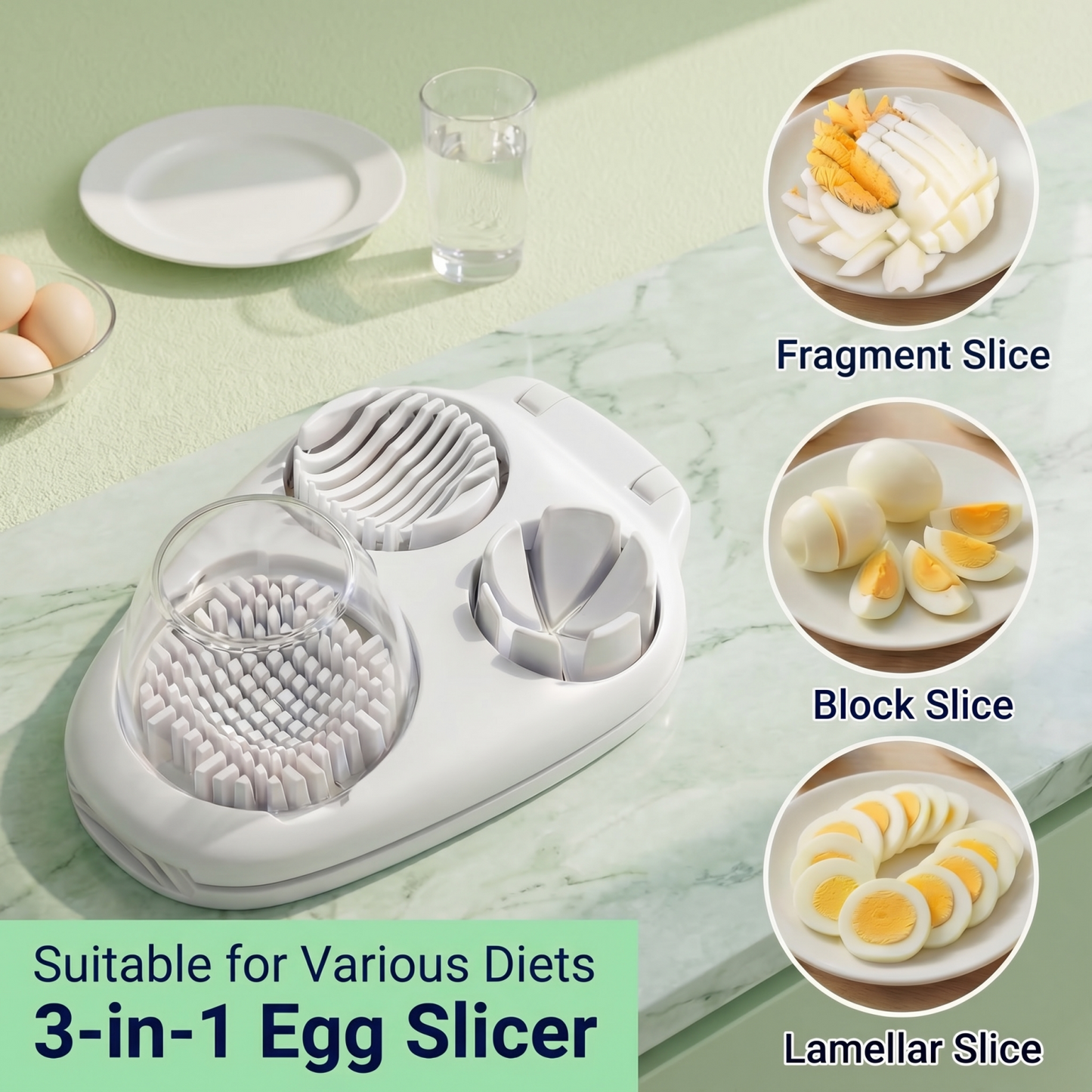 3-Mode Egg Slicer with Stainless Steel Blades — Cutter for Hard-Boiled Eggs, Strawberries & Soft Foods, Integrated Catch Tray