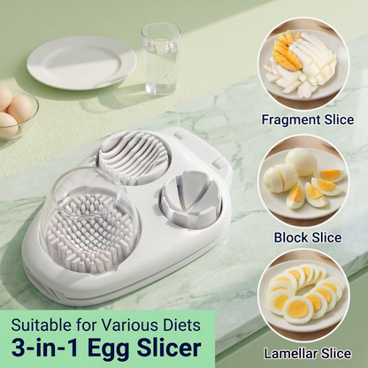 3-Mode Egg Slicer with Stainless Steel Blades — Cutter for Hard-Boiled Eggs, Strawberries & Soft Foods, Integrated Catch Tray
