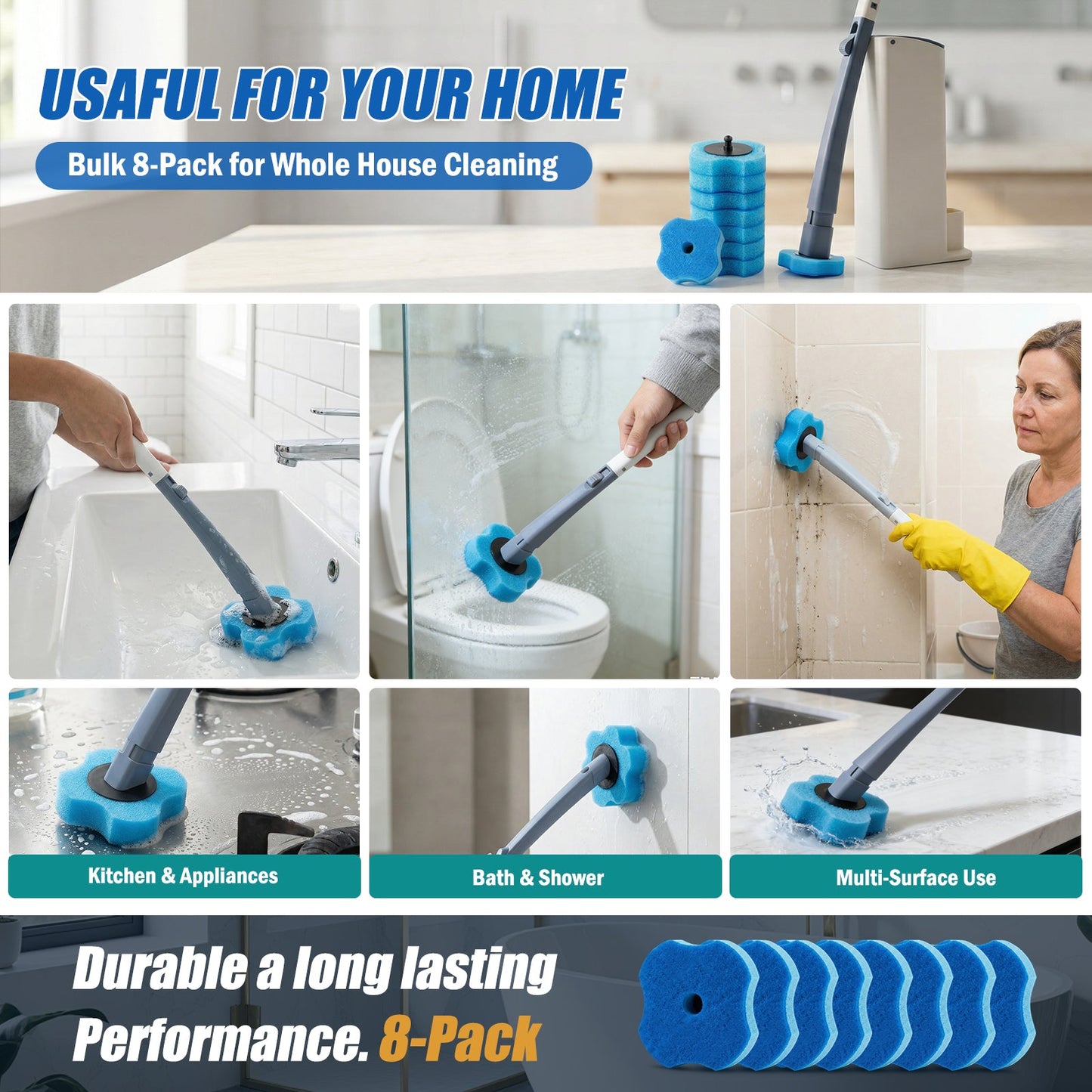 Disposable Toilet Brush with 8 Refills,Toilet Wand Brush Cleaning Kit,Wall Mounted Toilet Bowl Cleaner Set with Holder for Bathroom Deep Cleaning & Hygiene Local Stock- Blue & White