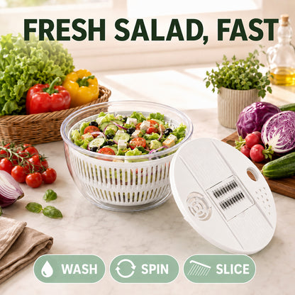 Large Salad Spinner and Slicer, 5.3 Qt 3-in-1 Vegetable Fruit Wash Bowl, Lettuce Washer with 5-Blade Slicer & Egg Yolk Strainer for Fast Salad Prep (White)